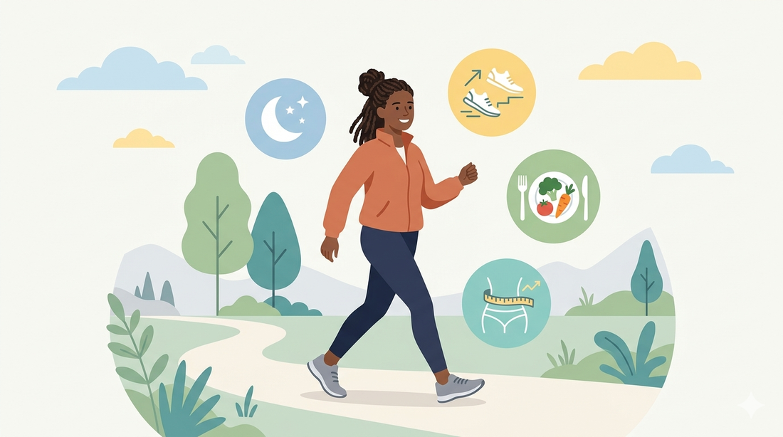 Mujer caminando al aire libre con iconos de sueño, movimiento, alimentación y salud metabólica