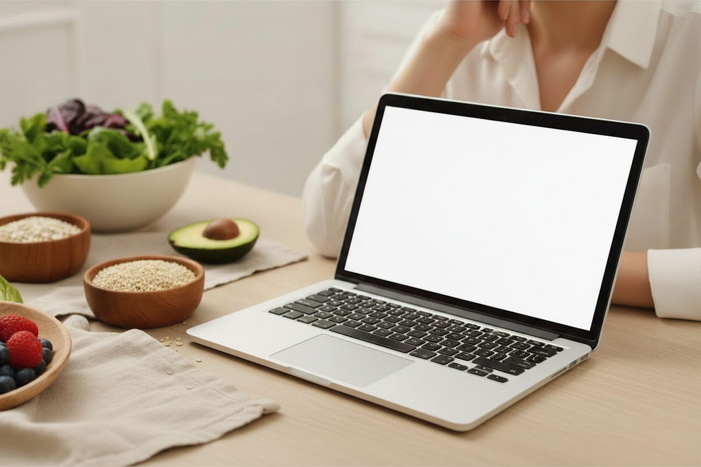 Mujer con ordenador y alimentos saludables